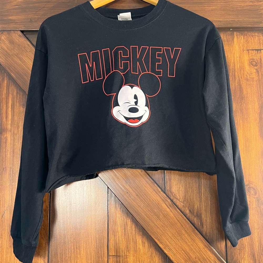 Disney Mickey Mouse Black Loose Cropped Shirt Spell out Sleeves Women's M‎